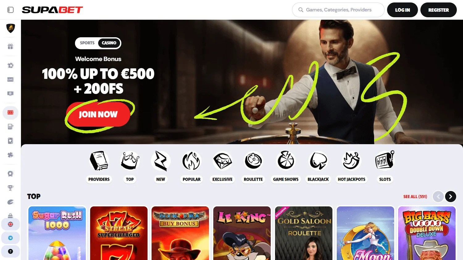 Supabet Casino home page with the Australian welcome offer on desktop