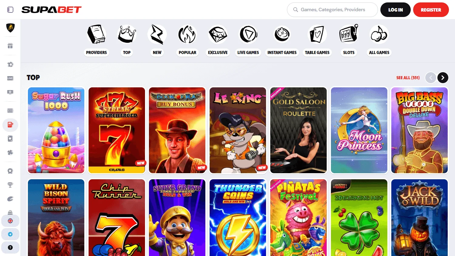 Supabet Casino game library on desktop with pokies and live casino choices