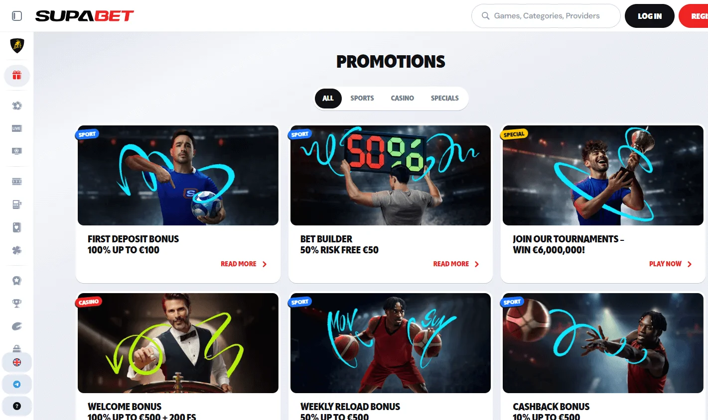 Supabet Casino promotions area on desktop with casino offers and rewards