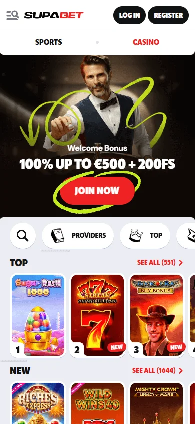 Supabet Casino home experience with the Australian welcome offer on mobile